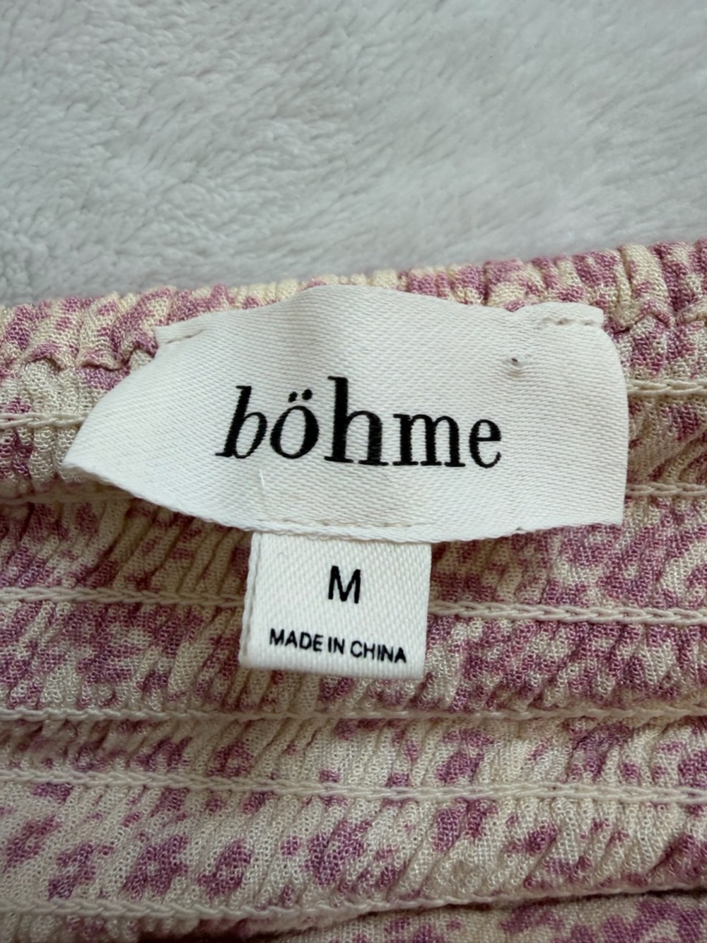 Bohme Cream and Pink Short Puff Sleeve Button Up Peplum Crop Top Smocked Back - Picture 5 of 8